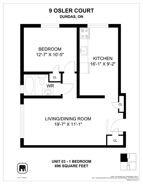 Floor plan for 1 bed, 1 bath